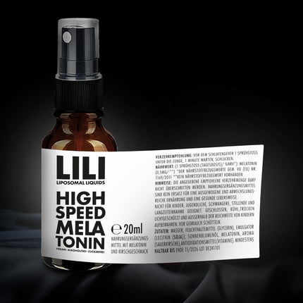 Ātrdarbīgs melatonīna aerosols – liposomāls šķidrums melatonīna aerosola veidā ar 0,5 mg melatonīna vienā izsmidzināšanas reizē | 160 izsmidzināšanas reizes | vegāns, bez alkohola un cukura