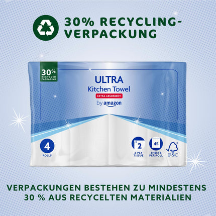 Amazon ULTRA virtuves dvieļi, īpaši uzsūcoši, 4 ruļļi (4 ruļļi, 1 iepakojums), 45 loksnes rullī, izspiežami un atkārtoti lietojami, FSC sertificēti