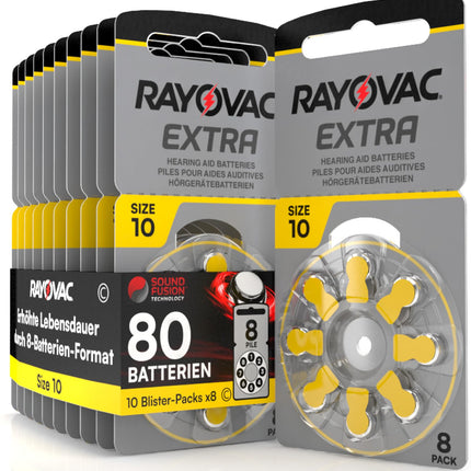 80 dzirdes aparātu baterijas Rayovac Extra 10. - 10 blisteri pa 8 baterijām