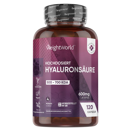Hialuronskābes kapsulas - 600 mg vienā kapsulā - 120 vegāniskas hialuronskābes kapsulas - 4 mēnešu krājumi - molekulas izmērs (500-700 kDa) - hialuronskābe - seruma alternatīva - WeightWorld