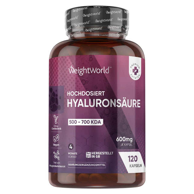 Hialuronskābes kapsulas - 600 mg vienā kapsulā - 120 vegāniskas hialuronskābes kapsulas - 4 mēnešu krājumi - molekulas izmērs (500-700 kDa) - hialuronskābe - seruma alternatīva - WeightWorld