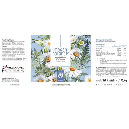 NATURTREU® Magenbalance betaīna HCL komplekss vegāns - ar pepsīnu, kumelītēm un hlorīdu - atbalsta kuņģa skābi un gremošanu* - pilna spektra enzīmu kapsulas ar augstu devu