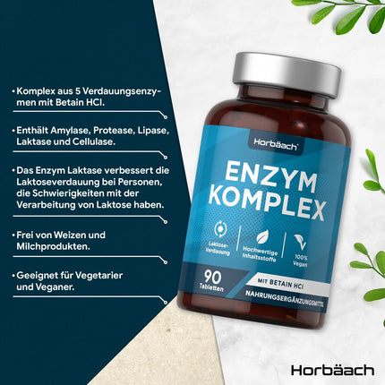 Gremošanas enzīmi | Enzīmu komplekss amilāze, proteāze, laktāze, lipāze un celulāze | Betaīna HCl | 90 vegānas tabletes | Gremošanas enzīmi | Horbaach