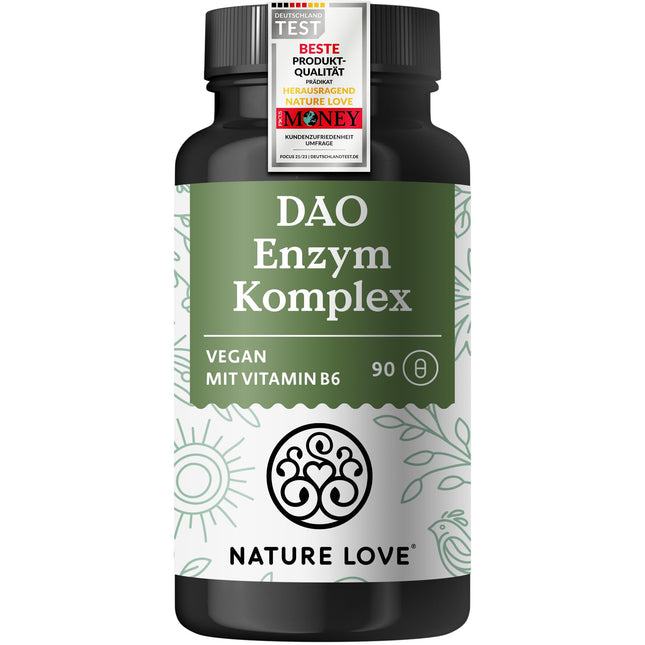 NATURE LOVE® DAO enzīmu komplekss – ar B6 vitamīnu normālai enerģijas metabolismam* – augsta deva – no zirņu asnu pulvera, vegāns, laboratorijā pārbaudīts