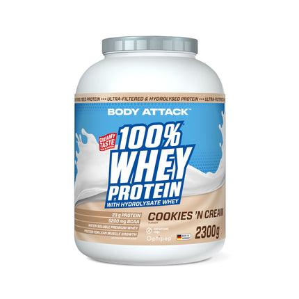 Body Attack 100% sūkalu proteīns - Cookies n Cream, 2,3 kg - ražots Vācijā - īpaši krēmīgs proteīna pulveris ar hidrolizātu un BCAA, atbalsta muskuļu augšanu un diētas, visiem sportistiem un sievietēm