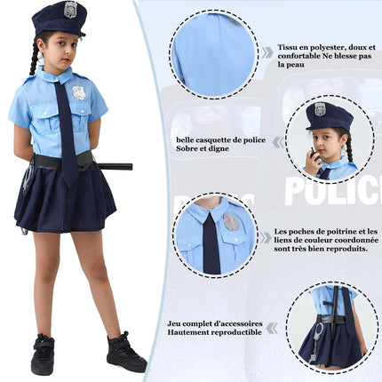 Policista kostīms bērniem, policists meitenēm ar aksesuāriem, ieročiem, policijas roku dzelžiem, rācijām, cepures un jostas Helovīna kostīmam, Cosplay karnevāla zils, 150 cm