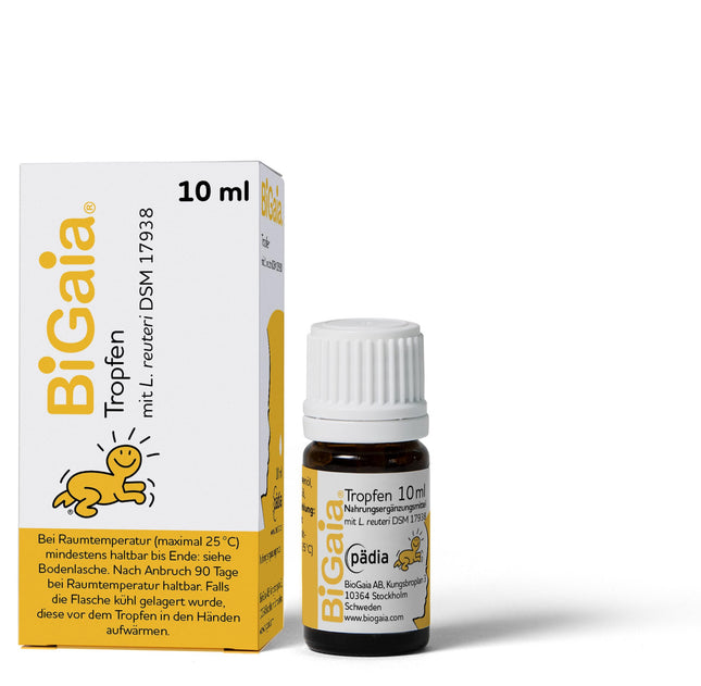 BiGaia® pilieni 10 ml, ar dabīgo pienskābes baktēriju L. reuteri zarnu mikrofloras atbalstam, droši lietojami zīdaiņiem no dzimšanas brīža