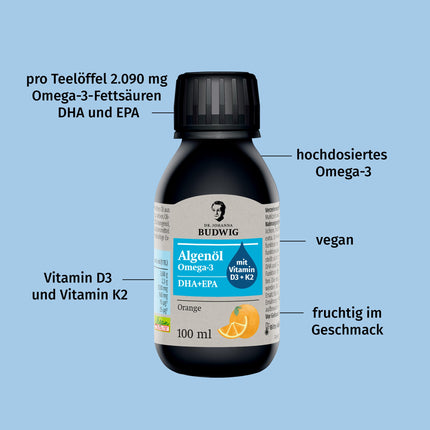Dr. Johanna Budwig Omega 3 aļģu eļļa vegānam apelsīnu aromātam (100 ml) - augsta deva, bagāta ar DHA, EPA, D3 un K2 vitamīniem - šķidra aļģu eļļa vegānai, šķidra aļģu eļļa laboratoriski pārbaudīta