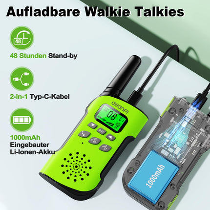 AWANFI Walkie Talkie Kids, rācija ar uzlādējamu litija jonu akumulatoru, divvirzienu radio komplekts, rācija ar VOX funkciju, LCD lukturītis, taustiņu slēdzene, rācija dāvanu kempinga piedzīvojumiem, 3-12 gadi