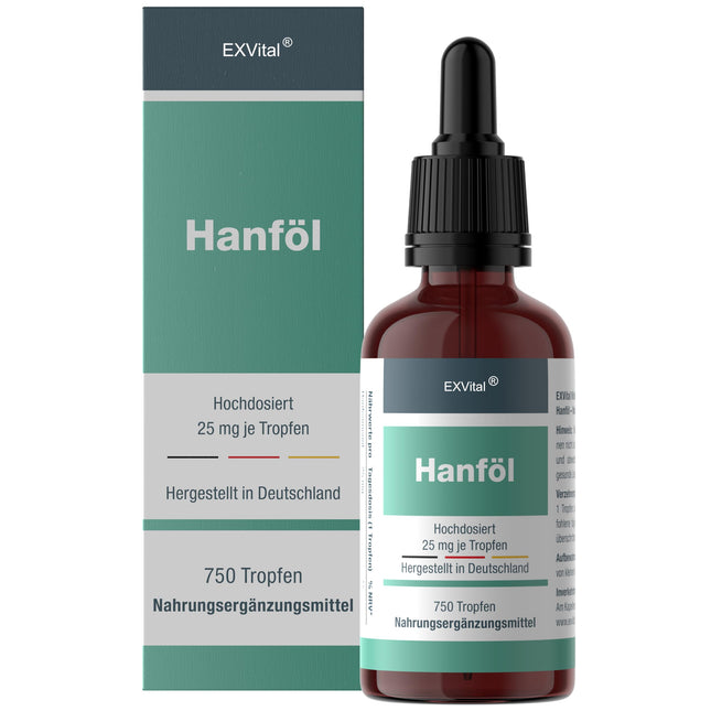 EXVital kaņepju sēklu eļļa, 25 mg dienas devā, 750 pilieni, auksti spiesta, 30 ml, augstākās kvalitātes audzēšana, vegāniska un laboratorijā pārbaudīta