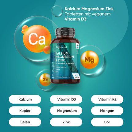 Kalcijs, magnijs, cinks - 400 tabletes 1+ gads - magnijs, D3 vitamīns, K2, bors, selēns, varš - 500 mg kalcija - vegāns - 1 tablete dienā - bez glutēna - alternatīva kapsulām - WeightWorld