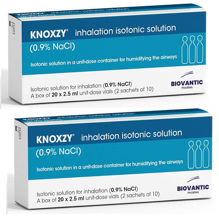 KNOXZY sterils izotonisks fizioloģiskais šķīdums 0,9% – nātrija hlorīds NaCl – inhalācijas fizioloģiskais šķīdums elpceļu mitrināšanai – 20 x 2,5 ml vienreizējās devas flakoni (2 iepakojumi)