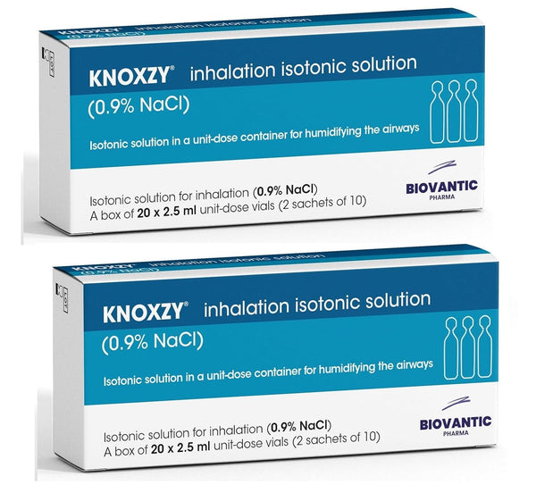 KNOXZY sterils izotonisks fizioloģiskais šķīdums 0,9% – nātrija hlorīds NaCl – inhalācijas fizioloģiskais šķīdums elpceļu mitrināšanai – 20 x 2,5 ml vienreizējās devas flakoni (2 iepakojumi)