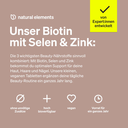 Biotīns + selēns + cinks ādai, matiem un nagiem - 365 vegānas tabletes - bez magnija stearāta, laboratoriski pārbaudītas un ražotas Vācijā