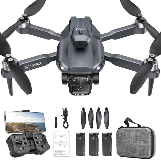 HYTOBP M°max drons ar 1080P kameru pieaugušajiem, droni bērniem, bezsuku motors, tālvadības drons, 3 baterijas, 5G WiFi, augstuma noturēšana, pacelšanās/nosēšanās ar vienu pogu, bezgalvas režīms, 3D apgriešana