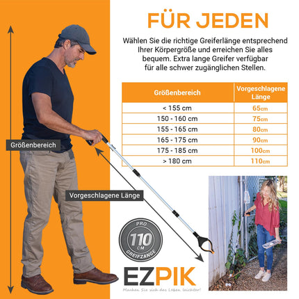 EZPIK 1 x 110 cm satvērējs senioriem ar magnētisku satvērēja roku, izturīgs satvērējs senioriem un cilvēkiem ar invaliditāti, rotējošas atkritumu satvērēja knaibles, palīgierīce ar stiprinājuma klipsi (1 iepakojums, sudrabs)