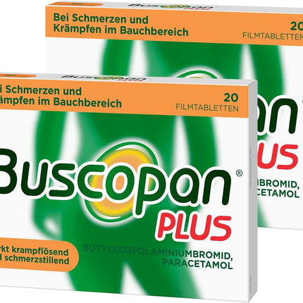 Buscopan PLUS tabletes ar paracetamolu vēdera sāpēm | 2x20 gab. |Ātri mazina stipras sāpes vēderā un krampjus |Kuņģa-zarnu trakta darbības traucējumi, menstruāciju sāpes, vēdera krampji un cistīts