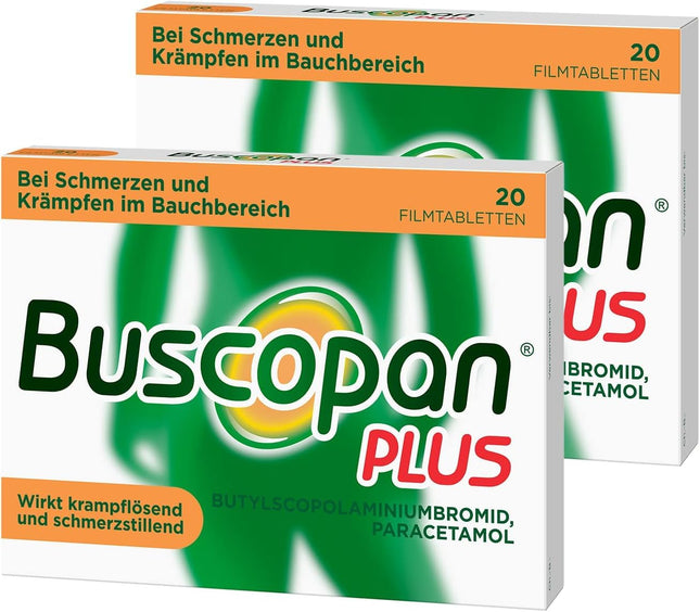 Buscopan PLUS tabletes ar paracetamolu vēdera sāpēm | 2x20 gab. |Ātri mazina stipras sāpes vēderā un krampjus |Kuņģa-zarnu trakta darbības traucējumi, menstruāciju sāpes, vēdera krampji un cistīts
