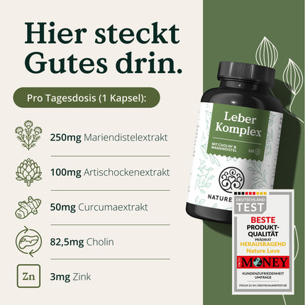 NATURE LOVE® Aknu komplekss - 120 kapsulas - ar mārdadzi, holīnu, artišoku ekstraktu, kurkumu un cinku - Augsta deva, vegāns, laboratorijā pārbaudīts un ražots Vācijā