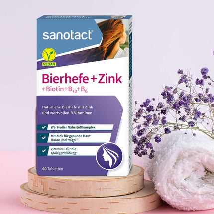 sanotact alus raugs + cinks (60 tabletes) • Ādai, matiem un nagiem • Vitamīnu komplekss ar alus raugu, cinku, biotīnu, B12, B6 un C vitamīnu • Ādas un matu vitamīni • 100% vegānisks
