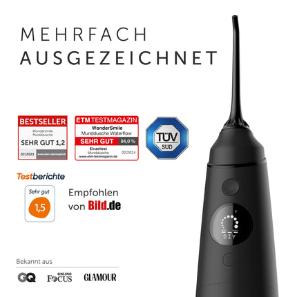Wondersmile mutes dobuma irrigators PRO — 2024. gada testa uzvarētājs — TÜV pārbaudīts — 100 dienu bezriska izmēģinājums — SmoothFlow tehnoloģija optimālai zobu un smaganu kopšanai — 5 režīmi — 30 dienu akumulatora darbības laiks
