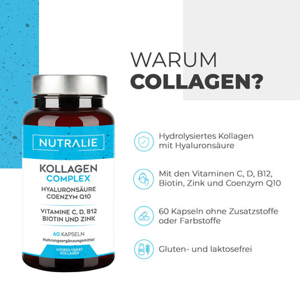 Kolagēna kapsulu komplekss + Q10 hialuronskābe - augsta deva - locītavām un ādai - biotīns, vitamīns CD B12, cinks - kolagēna hidrolizāts 60 kapsulās - Nutralie