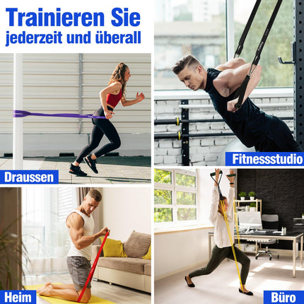 Fokky Fitness Bands pretestības lentu komplekts ar 4 līmeņiem, pretestības lentes ar durvju enkuru, rokturi, aizsargapvalks, pārnēsāšanas soma un treniņu instrukcijas, pievilkšanās lentes stiepšanās/jogas/pievilkšanās/spēka treniņiem