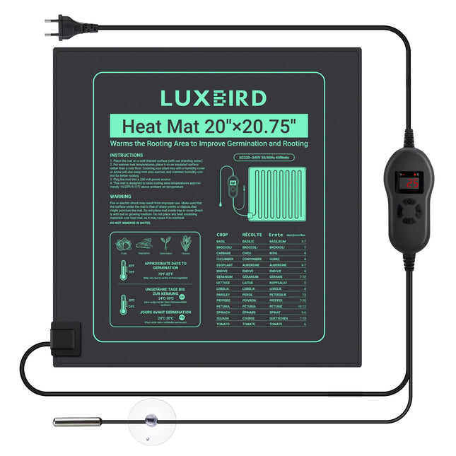 Luxbird apsildes paklājiņš ar termostatu, iekštelpu siltumnīcas apsildes paklājiņš stādu dīgšanas siltumnīcai, 60 vati, IP67 ūdensizturīgs, 50 x 52 cm