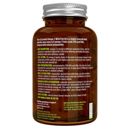 Igennus augstākās kvalitātes Omega-3 savvaļas zivju eļļa un astaksantīns, triglicerīdu forma rTG, 1360 mg, EPA 670 mg un DHA 330 mg Omega-3 taukskābes, īpaši tīras; bez vides toksīniem, citronu garša, 180 mīkstās kapsulas