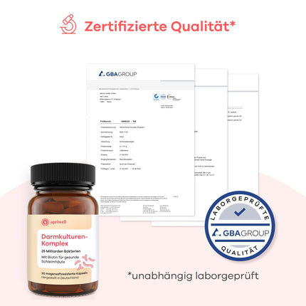 Apriwell zarnu kultūru komplekss - bez fruktozes - 5 pienskābes baktērijas un bifidobaktērijas - ar biotīnu gļotādām - ar zarnās šķīstošu pārklājumu - bez inulīna - 30 vegāniskas kapsulas