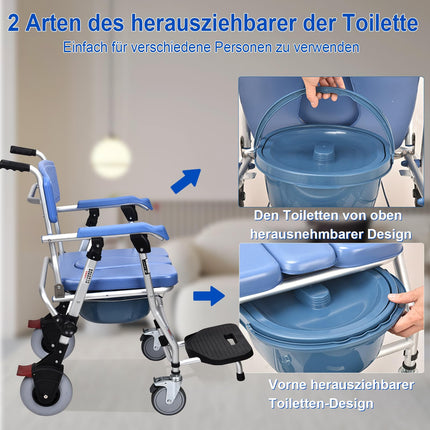 Dušas krēsls, tualetes krēsls ar riteņiem senioriem | Pārvietojams saliekams dušas ratiņkrēsls ar roku balstu un atzveltni, maksimālā slodze 150 kg (zils 1)