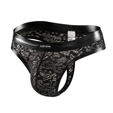 Casey Kevin string tanga vīriešu mežģīņu stringi vīriešiem caurspīdīga PU ādas apakšveļa mitrā izskata G-string bikini ar T-veida muguru