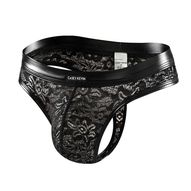 Casey Kevin string tanga vīriešu mežģīņu stringi vīriešiem caurspīdīga PU ādas apakšveļa mitrā izskata G-string bikini ar T-veida muguru
