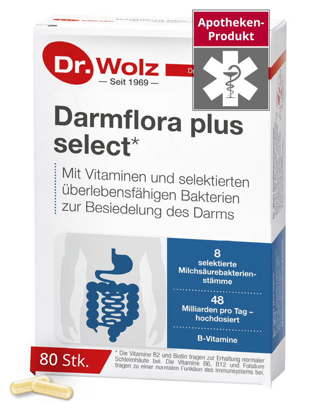 Dr. Wolz Darmflora plus select* - 80 augstas devas kapsulas - 8 pienskābes baktēriju celmi - 48 miljardi baktēriju kultūru dienā - Kultūru komplekss zarnu gļotādai un imūnsistēmai - Zarnu dziedināšana* - vegāns
