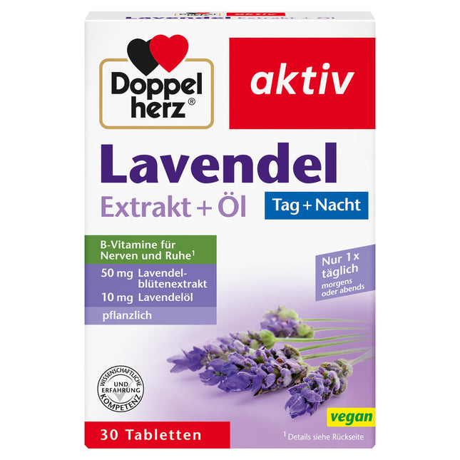 Doppelherz lavandas ekstrakts + eļļa – ar B6 un B12 vitamīniem, kas veicina normālu psihes un nervu sistēmas darbību – 30 tabletes