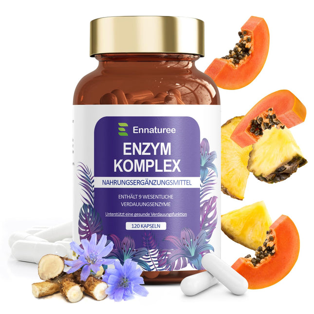 9 gremošanas enzīmi ar bromelaīnu, papaīnu, amilāzi, proteāzi, laktāzi, lipāzi, celulāzi, glikoamilāzi, maltāzi – enzīmu komplekss ar inulīnu gremošanai un imūnsistēmai, 120 vegāniskas kapsulas