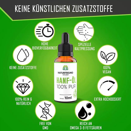 NATURFREUND® Premium kaņepju eļļa AUGSTAS DEVAS kaņepju sēklu eļļa Omega 3-6-9 eļļa taukskābes dabīgā eļļa - ražota Vācijā - 10 ml