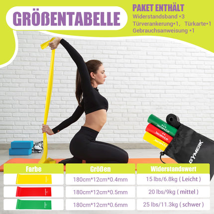 GYMERK fitnesa lentu komplekts (3 gab.), 1,8 m vingrošanas lente ar 3 pretestības līmeņiem, fitnesa lente ar durvju enkuru, pārnēsāšanas soma un vingrinājumu instrukcijas, ideāli piemērotas jogai, Pilates, spēka treniņiem un fizioterapijai.
