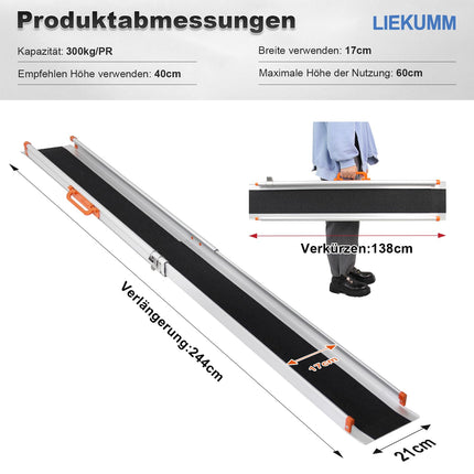 LIEKUMM 2 x 138–244 cm ratiņkrēslu rampa, 300 kg kravnesība ratiņkrēslu rampa mājām, pakāpieniem, apmalēm, izturīga teleskopiska rampa elektriskajiem ratiņkrēsliem, velosipēdiem