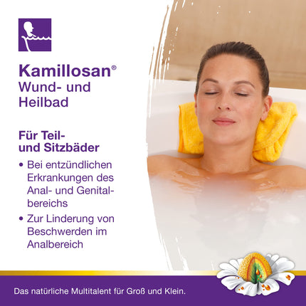 Kamillosan brūču un dziedināšanas vanna: kumelīšu vannas piedeva sēžamvannām, pret niezi, hemoroīdu sūdzībām, ādas iekaisumiem, 250 ml