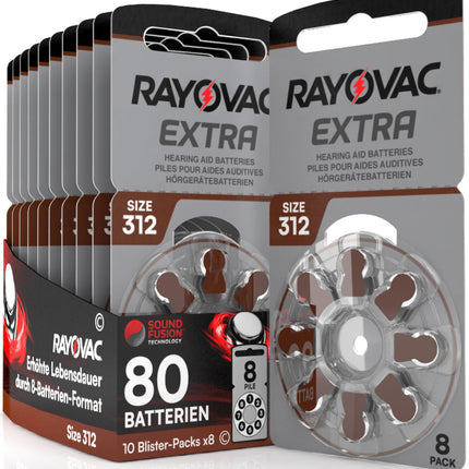 80 dzirdes aparātu baterijas Rayovac Extra Size 312 ar Sound Fusion tehnoloģiju - 10 blisteri ar 8 baterijām