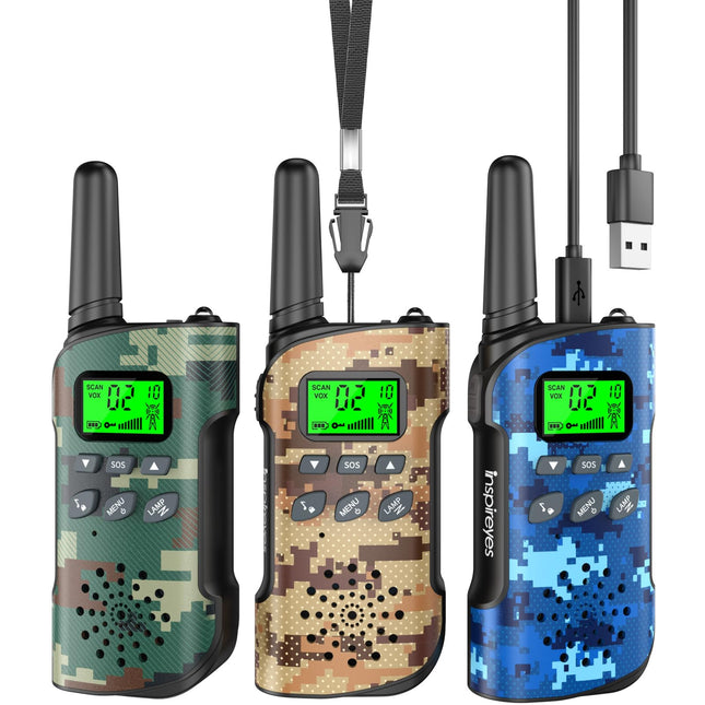 Inspireyes Walkie Talkie Kids uzlādējama rācija, 48 stundu darba laiks, 8 kanālu divvirzienu radio, dāvanas zēniem un meitenēm, pārgājieni un kempings brīvā dabā, 3–12 gadus veca rotaļlieta