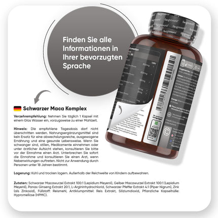 Maca kapsulas - 5550 mg vienā kapsulā - 6 mēnešu krājumi - melnās un dzeltenās Maca komplekss ar L-arginīnu, Panax žeņšeņu, melnajiem pipariem un cinku - 180 kapsulas - WeightWorld