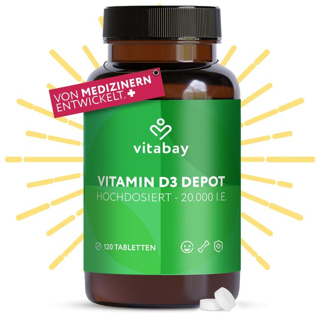 Vitabay D3 vitamīna depo 20 000 SV - 120 vegānas tabletes. Augsta deva un vegāns. Bez piedevām. Veicina imūnsistēmas atbalstu un normālu kaulu veselības uzturēšanu.
