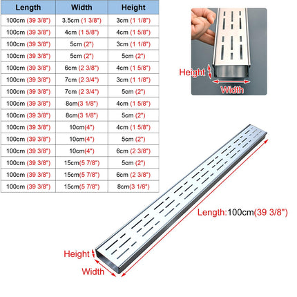 Vibeo drenāžas kanāls, šaura notekcaurule, izgatavota no 304 nerūsējošā tērauda, ​​lineāri notekcauruļu sietiņi pagalmam, dārzam, pagalmam, terasei, tranšeju drenāžai ar noņemamu režģi (platums 4 cm x augstums 4 cm (1 5/8" x 1 5/8"))