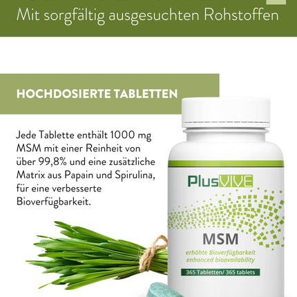 PlusVive MSM tabletes ar augstu devu | 1 x 365 tabletes | 1000 mg MSM ar 99,8% tīrību vienā tabletē | MSM kapsulas ar papaīnu un spirulīnu | Uztura bagātinātājs vegāns un laboratoriski pārbaudīts
