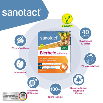 sanotact alus rauga tabletes (400 tabletes) • 100% dabīgs alus raugs, vegāns • Ar biotīnu skaistam apmatojumam un veselīgai ādai • 6 B vitamīni • Piemērots arī suņiem • Rauga tabletes