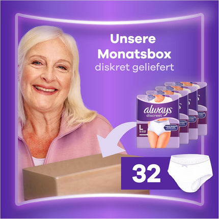 Always Discreet Incontinence Panties Plus sievietēm, L, 32 biksītes, novērš noplūdi un nepatīkamas smakas, ērtas un tik tikko pamanāmas