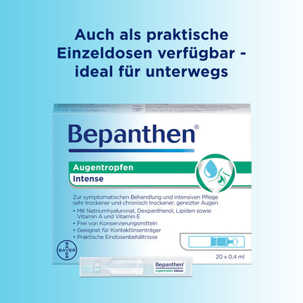 Bepanthen acu pilieni Intense, atvieglojums ļoti sausām un hroniski sausām acīm, piemēroti kontaktlēcu nēsāšanai - 10 ml