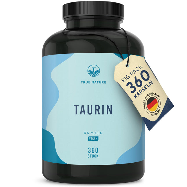 Taurīna kapsulas - 2000 mg taurīna dienas deva - 360 kapsulas: liels iepakojums - 6 mēnešu krājumi - pirms treniņa pastiprinātājs bez kofeīna - vegāns, bez mākslīgām piedevām - ražots Vācijā - TRUE NATURE